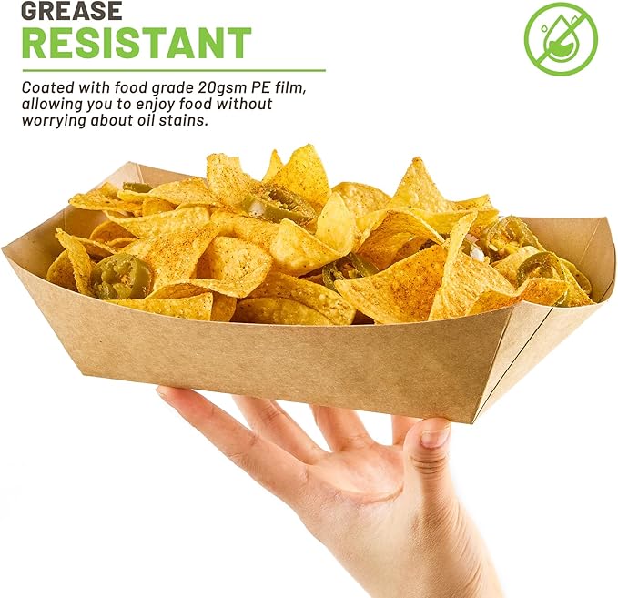 ZORRITA 5 LB Extra Large Paper Food Trays, 100 Pack Disposable Nacho Trays Kraft Paper Food Boats Party Serving Baskets for Sandwiches Burgers Popcorns Snacks