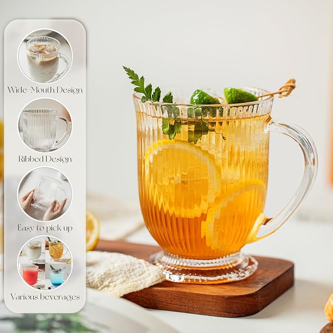 KEMORELA Glass Coffee Mugs Set of 4, Ribbed Large Coffee Mug 16 Oz With Handles for Hot Beverages, Clear Mugs for Tea, Cappuccino, Latte, Espresso Coffee, Glass Coffee Cups Large Coffee Mug
