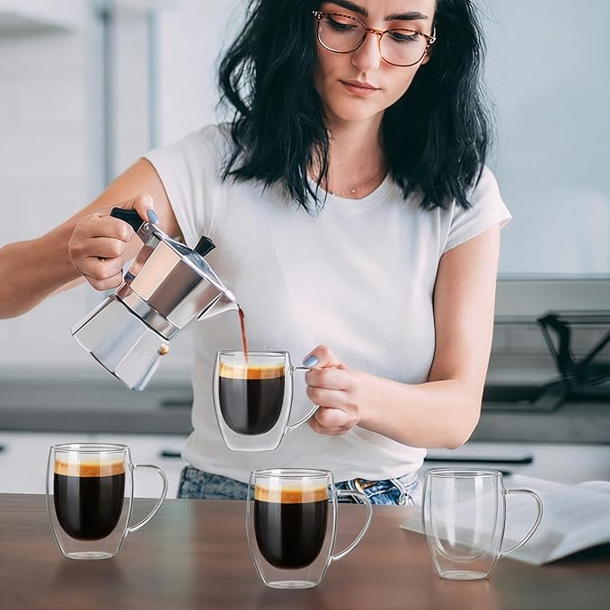 FrutPunch Double Walled Glass Coffee Mugs, Glass Coffee Mugs Set Of 4, Glass Coffee Cups with Handles, 12OZ, Suitable for Cappuccino, Latte, Espresso, Hot Drinks, Cold Drinks