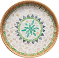 Round Rattan Tray Home Decor, 12'' Wicker Serving Tray with Mother of Pearl Inlay, Boho Decorative Tray for Coffee Table, Bathroom, Ottoman, Kitchen Table, Bathroom (Bohemian)