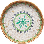 Round Rattan Tray Home Decor, 12'' Wicker Serving Tray with Mother of Pearl Inlay, Boho Decorative Tray for Coffee Table, Bathroom, Ottoman, Kitchen Table, Bathroom (Bohemian)