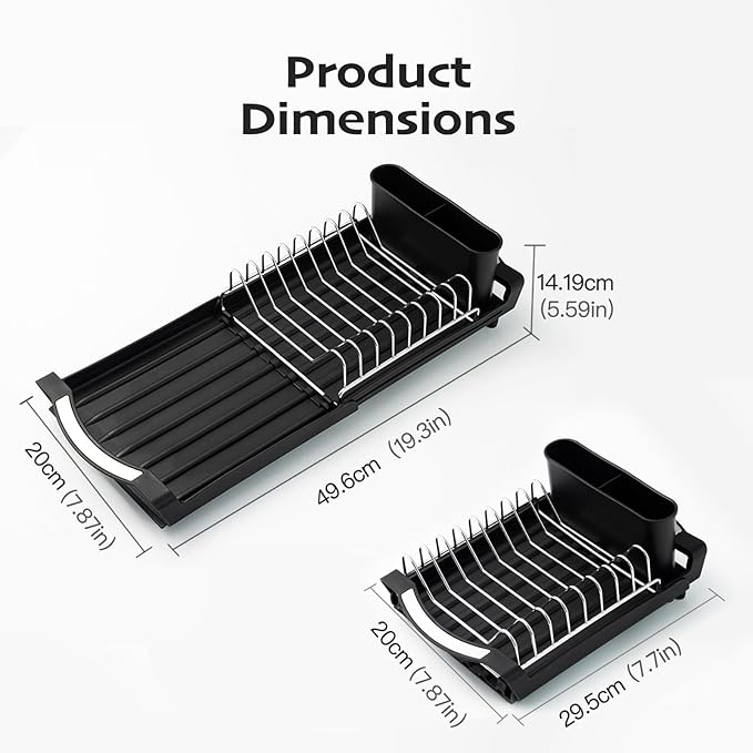 Extendable Dish Drying Rack, Stainless Steel, Over Sink or Counter, with Utensil Holder