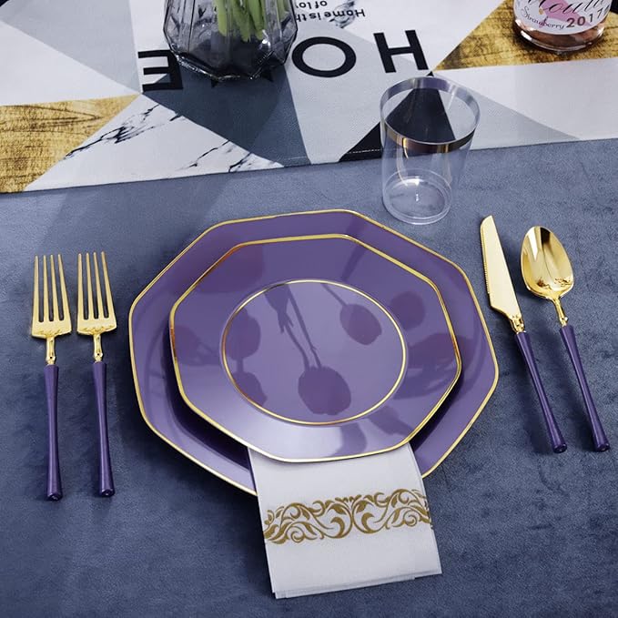KIRE 140Pcs Purple Plastic Plates with Gold Rim& Gold Disposable Plastic Silverware with Handle&Clear Cups&Hand Napkin- Geometric Purple Plastic Plates for Parties & Mardi Gras