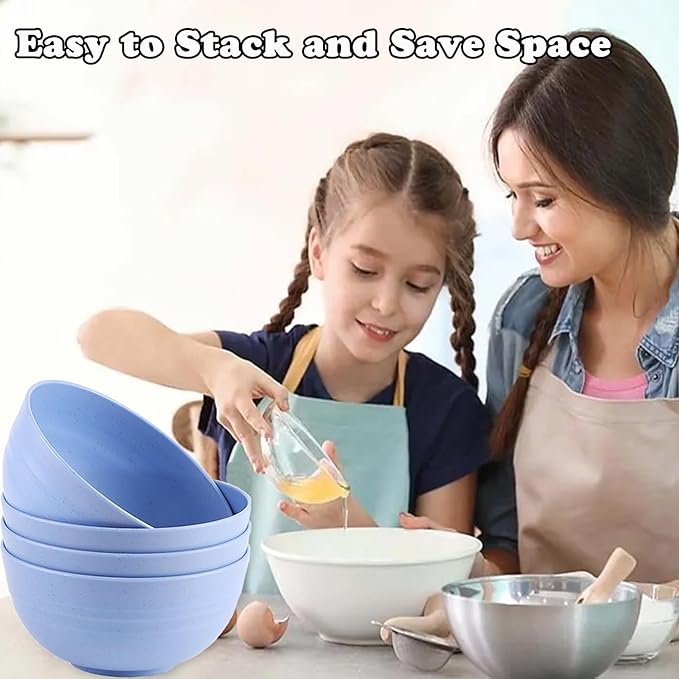 Unbreakable Wheat Straw Cereal Bowls Set of 4, 24 OZ Microwave and Dishwasher Safe Lightweight Soup and Salad Bowl Sets, Reusable Dessert Bowls for Rice, Pasta, Snack, Fruit, BPA Free (Blue)