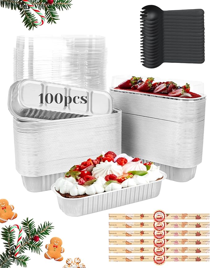 100 Pack Mini Loaf Pans with Lids, Spoons & Stickers – Disposable Aluminum Foil Baking Cake Containers for Oven, Air Fryer & Freezer – Ideal for Cakes, Bread, White Valentines Tins, Sliver