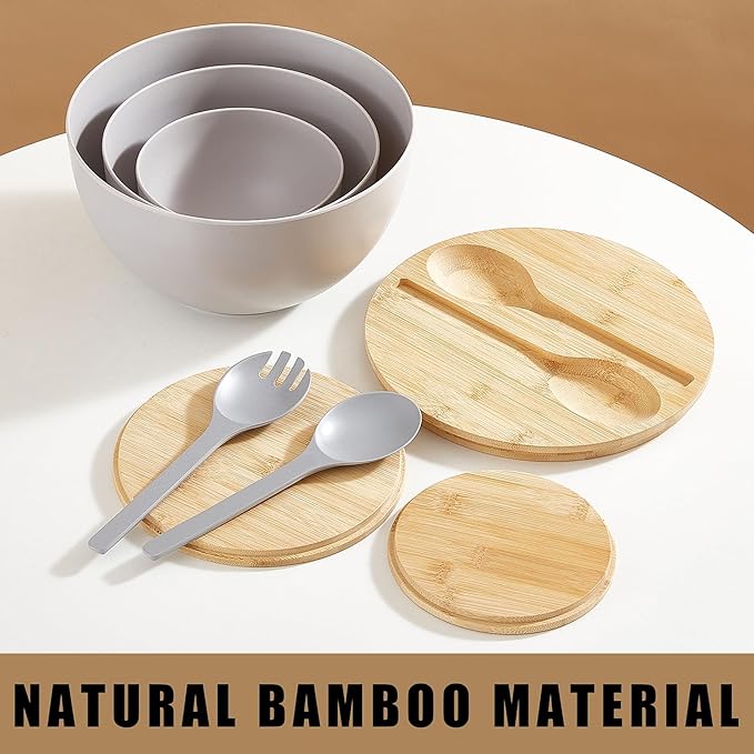 ECOWAY Salad Bowls Set of 3 with Lid & Serving Utensils, Bamboo Fiber Mixing Bowls Set Large Serving Bowls & Storage Set with Bamboo Lid for Salad, Kitchen Eating, Pasta, Popcorn, Chips, Fruit, Grey