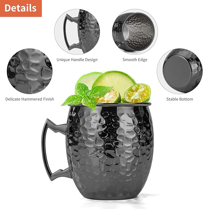 Amrules Moscow Mule Mugs, 16 OZ Black Hammered Mule Cup with 304 Stainless Steel Lining and Brass Handle, for Cold Drinks, Beer, Wine, Bars, Parties
