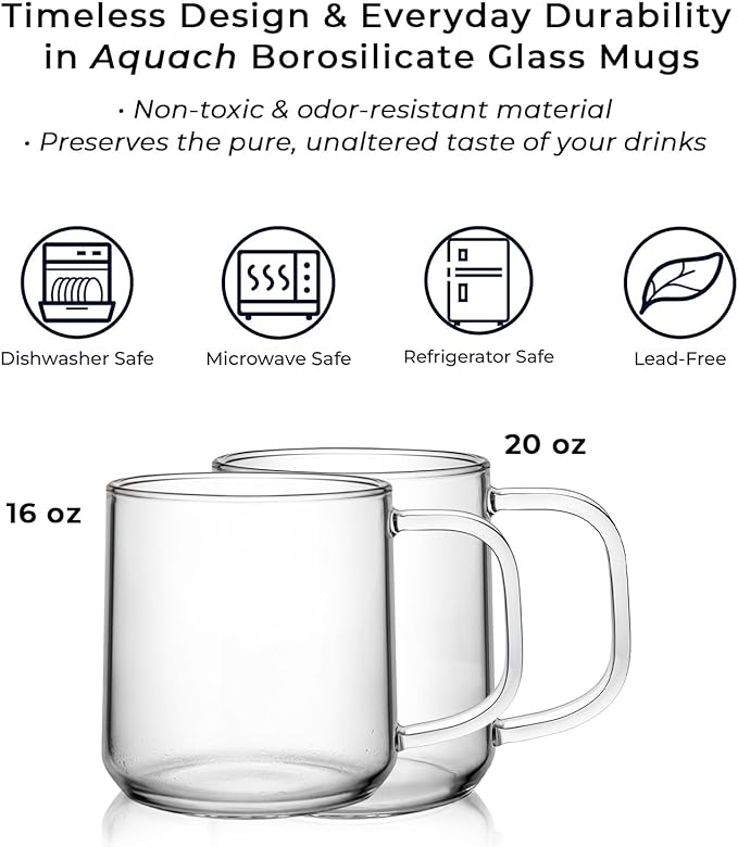 Aquach Glass Coffee Mugs, 20 oz Large Clear Drinking Glasses, Dishwasher & Microwave Safe, Everyday Use for Coffee Tea Juice, Home Office Kitchen Essentials, 2-Pack