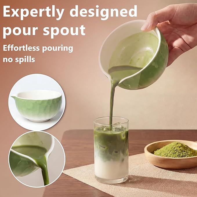 8 Pcs Matcha Whisk Set, Complete Ceramic Matcha Set Includes Bowl & Holder, Whisk, Scoop, Spoon, Tea Towel and Stainless Steel Sifter, Perfect Kit for Matcha Lovers (Green)