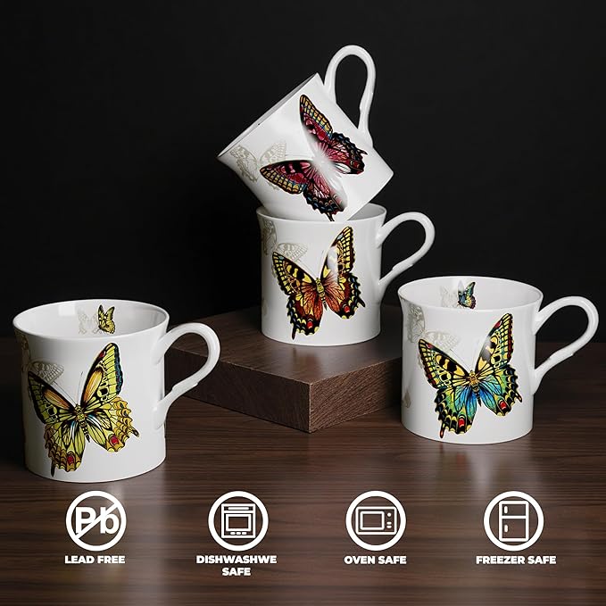 Ceramic Coffee Mugs Set of 4, 12 Oz Butterfly Pattern, Microwave and Dishwasher Safe, Comfortable Handles, Gifts for Women and Men, for Coffee, Tea, Latte, Cappuccino