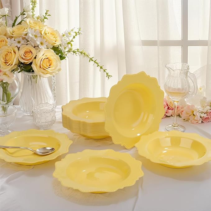 COLOSUS Yellow Plastic Party Bowls (60 Pack) 12 Oz Disposable Soup/Salad Bowl, Fancy Shatterproof Dinnerware for Catering, Holidays, Weddings, and Everyday Use