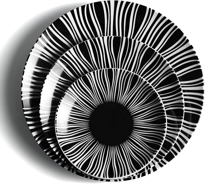 Black and White Striped Ceramic Plates Set of 6-10 Inch Zebra Pattern Dinner Plates Set, Minimalist Porcelain Dish Set, Microwave, Oven & Dishwasher Safe