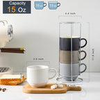 HASENSE Large Coffee Mug Set of 4 with Rack - 15 oz Stacking Ceramic Ribbed Latte Cups Set for Cappuccino, Tea, Hot Cocoa, Drinks - Dishwasher & Microwave Safe Assorted Colors