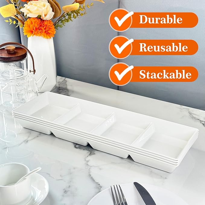 Divided Serving Tray Platter, 2 Pack 17.6" x 6" Fruit Veggie Food Tray for Party, Plastic Serving Trays for Appetizer, Snack, Dessert, Cookie, Brunch Decorations Platters, White Trays BPA-Free