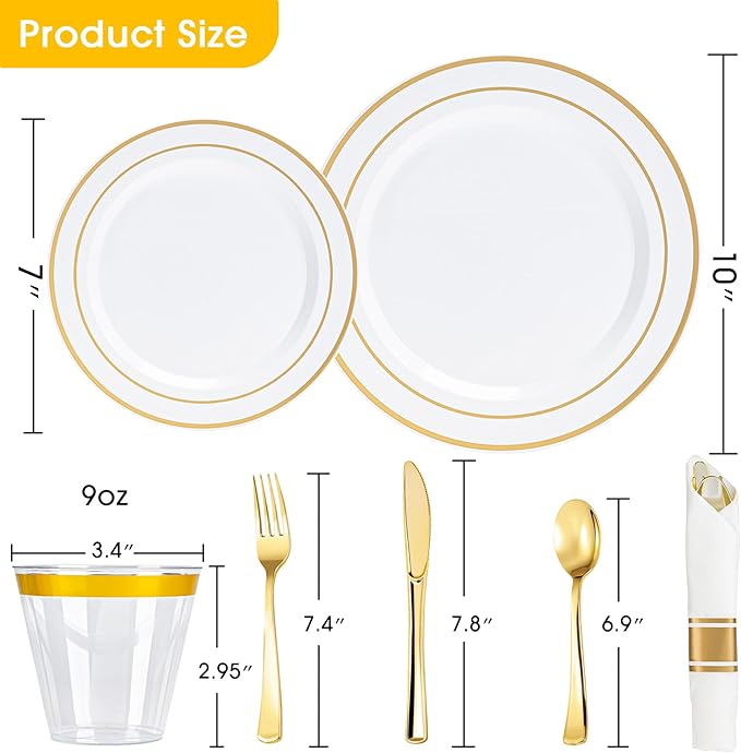 N9R 350PCS Gold Plastic Dinnerware Set for 50 Guests, Include: 50 Dinner Plates, 50 Dessert Plates, 50 Pre Rolled Napkins with Silverware and 50 Cups, White and Gold Disposable Plates for Party