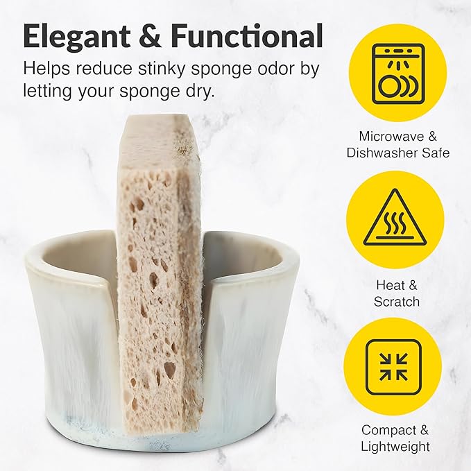 Elevated Lifestyle Ceramic Sponge Holder – Sink Caddy Organizer, Decorative Bathroom and Kitchen Sink Accessories, Allows Sponge to Dry, Ideal Countertop Sponge & Bar Soap Holder - (Marbled White)