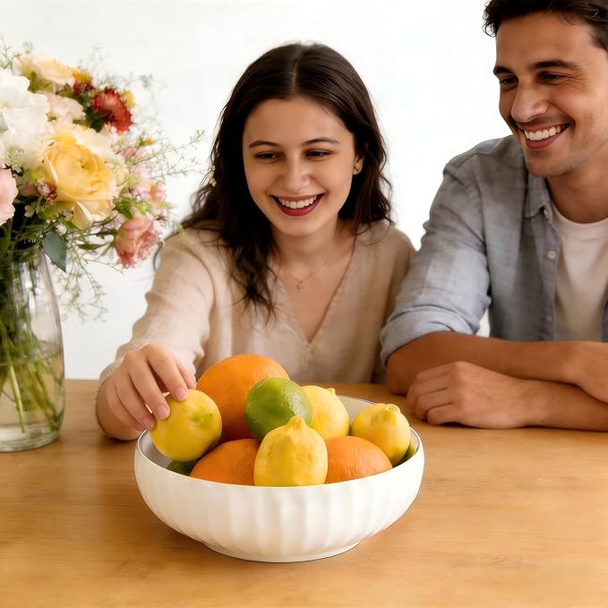 Large Ceramic Fruit Bowl for Kitchen Counter, 10-Inch White Fruit and Vegetable Bowl, Decorative Serving Bowl for Home