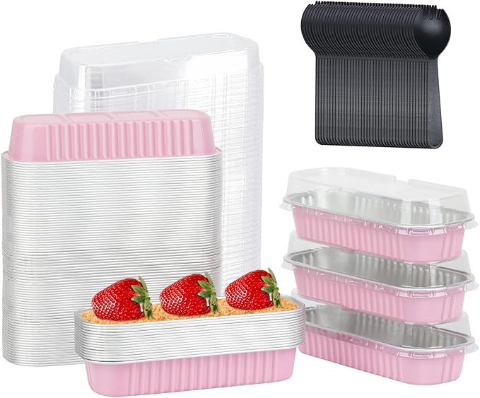 6.8oz Mini Loaf Pans with Lids 100 Pack,LNYZQUS Rectangle Aluminum Pans Mini Cake Tins,Disposable Baking Pan Small Cake Containers for Brownie Bread Cheesecake-Pink