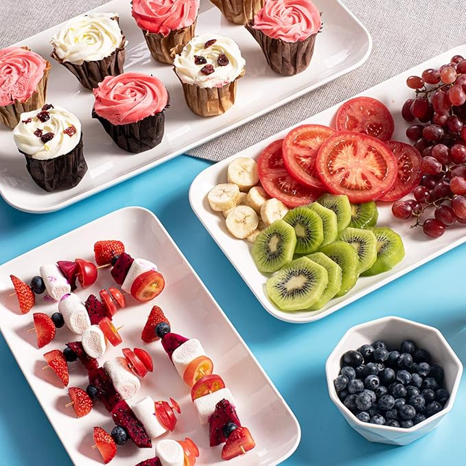 DELLING Large Serving Platter Set of 3, 16/14/12 Inch Porcelain Serving Trays for Party - White Ceramic Rectangular Platters for Entertaining, Appetizer Fruit Tray for Easter Bridal Shower Dinner