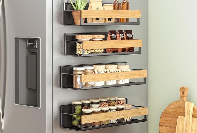 SONGMICS Magnetic Spice Rack for Refrigerator, 4 Pack, 2 Large and 2 Small Kitchen Magnetic Shelves for Washing Machine, Spice Organizers, No Drilling Needed, Ink Black and Light Bamboo UKCS062BH01