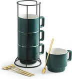 Miamolo Stackable Coffee Mugs Set of 4 with Holder Spoons 11oz Ceramic Cappuccino Cups for Espresso Latte Tea Drinks, Dishwasher & Microwave Safe, Green