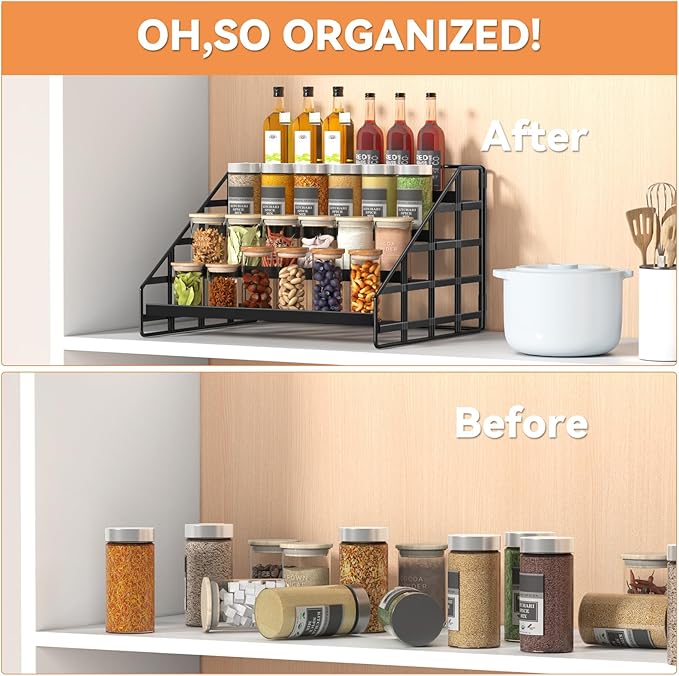 Spice Rack 4 Tier Kitchen Cabinet Organizer,Countertop Spice Rack,Tier Depth Adjustable Cabinet Shelf,Step Spice Organization Easy Visibility,Holds Seasoning and Condiments 2Pack