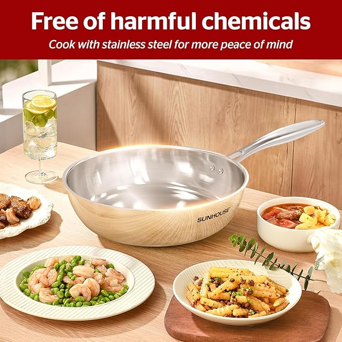 Sunhouse Tri-Ply Stainless Steel Pan, 8-Inch Frying Pan, Oven Safe Up to 500°F, Dishwasher Safe, Compatible with Induction, Electric, Gas Cooktops, Cool Handles Grip