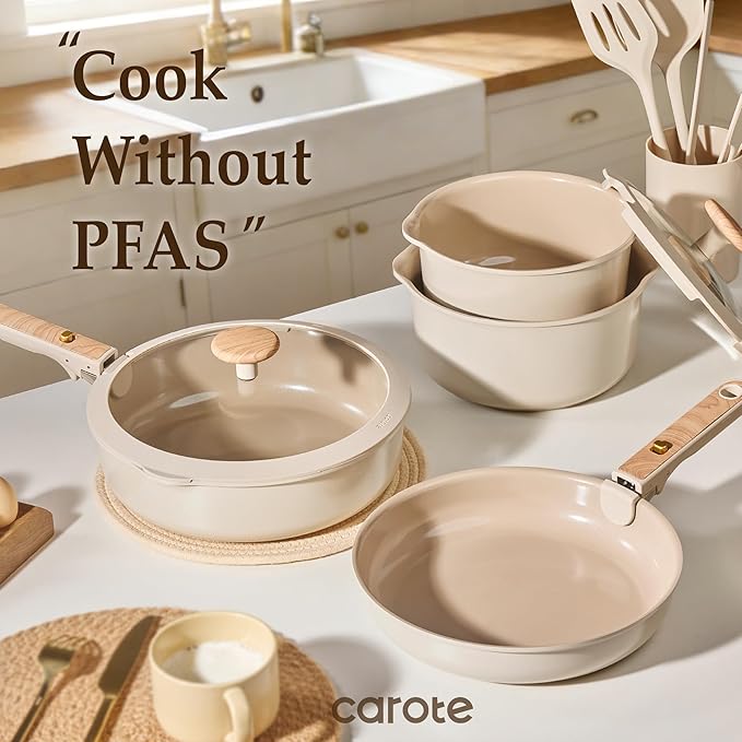 CAROTE 25PCS Ceramic Nonstick Cookware Set, Pots and Pans Set with Detachable Handle, PFAS-Free Non-Toxic, Induction & Oven Safe, Stackable Space-Saving, Taupe