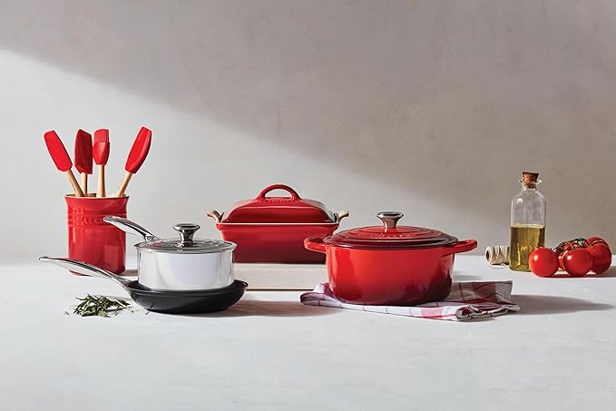 Le Creuset Silicone Craft Series Utensil Set with Stoneware Crock, 5 pc., Cerise