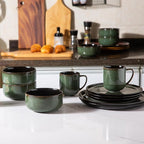 LeRatio Ceramic Dinnerware Sets for 6,Porcelain Plates and Bowls Sets,Handmade Reactive Glaze Dishes Set,Chip Resistant and Scratch Resistant | Oven&Dishwasher & Microwave Safe-Green(18PCS)