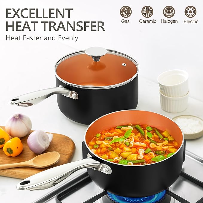 MICHELANGELO Nonstick 1Qt & 2Qt Copper Sauce Pan Set with Lid, Small Pot with Lid, Ceramic Nonstick Saucepan Set, Small Sauce Pots