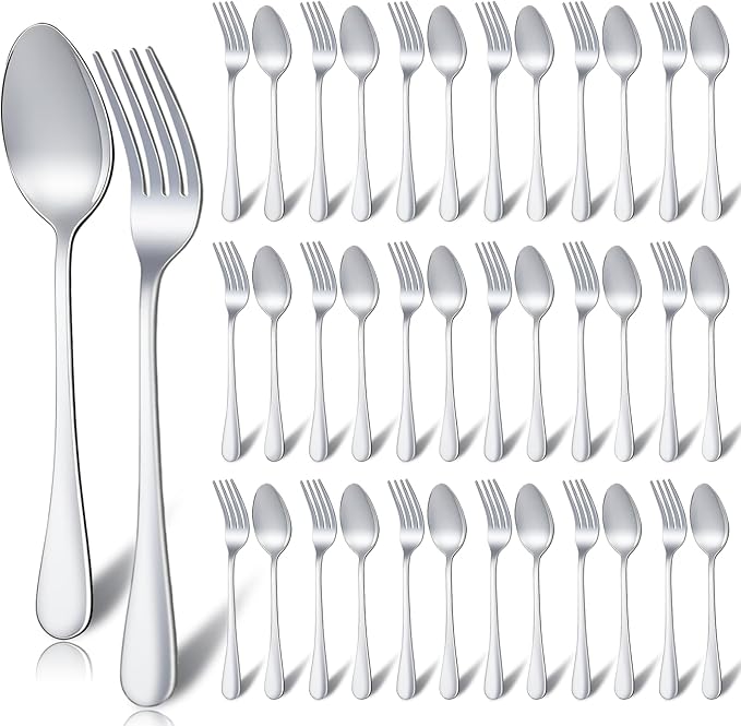 48 Pcs Spoons and Forks Set Stainless Steel Bulk Silverware Flatware Cutlery Sets Silver Metal Spoon Dinner Salad Forks for Kitchen Home Restaurant Party Dessert