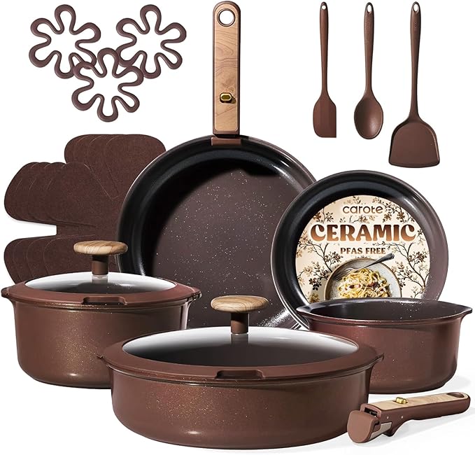 CAROTE 19PCS Ceramic Nonstick Cookware Set, Pots and Pans Set with Detachable Handle, PFAS-Free Non-Toxic, Induction & Oven Safe, Stackable Space-Saving, Dark Choco