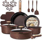 CAROTE 19PCS Ceramic Nonstick Cookware Set, Pots and Pans Set with Detachable Handle, PFAS-Free Non-Toxic, Induction & Oven Safe, Stackable Space-Saving, Dark Choco