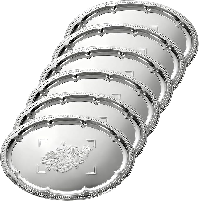 6 Pcs Large Silver Serving Trays, 15.7" x 11.8" Stainless Steel Oval Serving Tray, Decorative Silver Plates, Oval Floral Engraved Tray, Metal Sizzler Plates for Coffee Table, Bar, Party, Club, Home