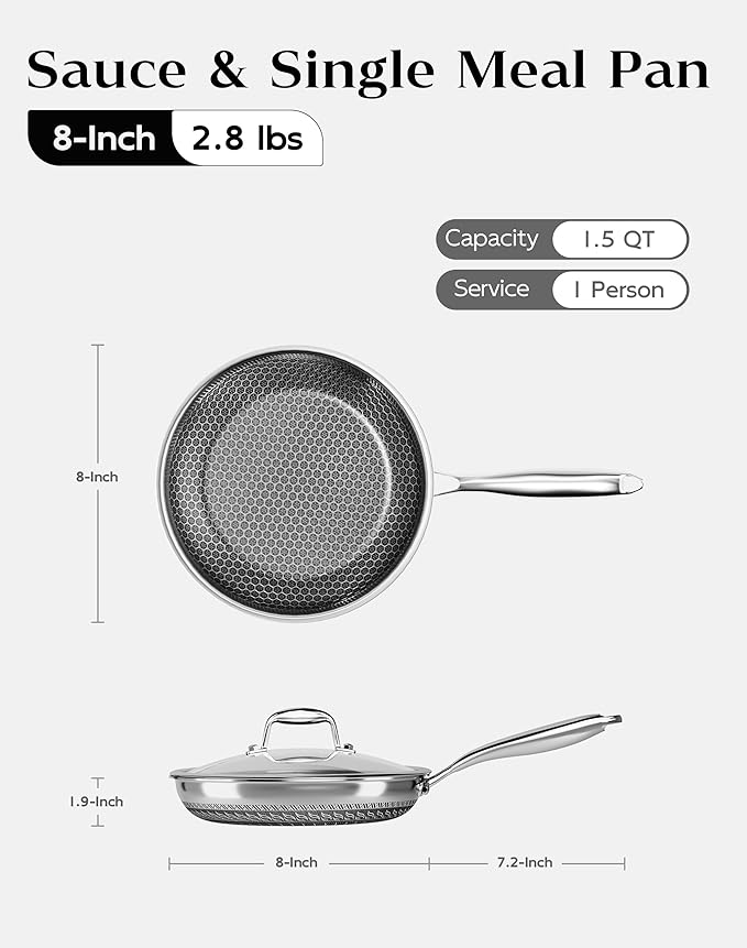 Honeycomb Stainless Steel Nonstick Frying Pan with Lid 8 Inch, Induction Cooktop Compatible Skillet, PFOA-Free Scratch-Proof, Dishwasher & Oven Safe, Stay-Cool Handle, Silver Kitchen Cookware