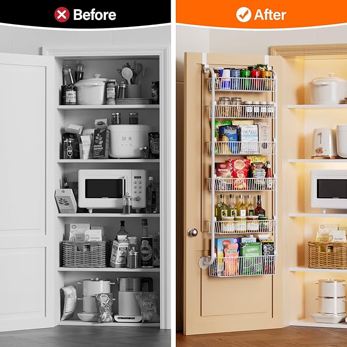 Delamu Large Over the Door Pantry Organizer, 6-Tier Metal Pantry Door Organization and Storage for Easy Install, Hanging Spice Rack Seasoning Shelves for Cabinet & Kitchen, D6.7xW17.5xH53.7 in, White