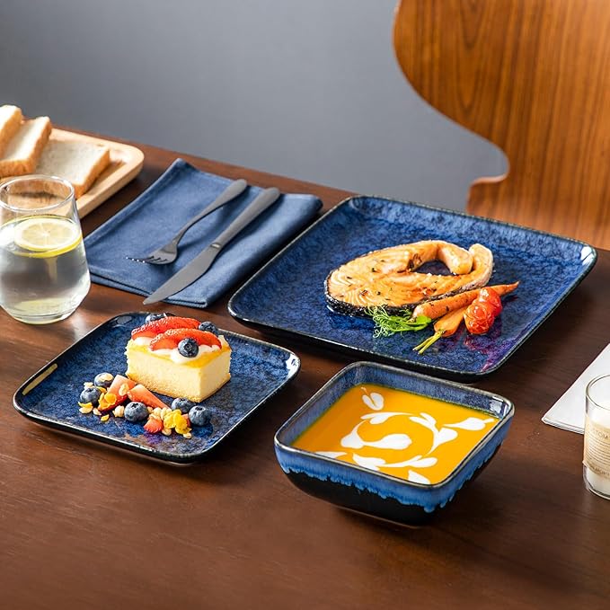 vancasso Stern Blue Dinner Set Square Reactive Glaze Tableware 12 Pieces Kitchen Dinnerware Stoneware Crockery Set with Dinner Plate, Dessert Plate, Bowl Service for 4