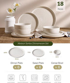 Famiware Meteor Plates and Bowls Sets, 18-Piece Stoneware Dinnerware Sets, Dishes Set for 6, Microwave and Dishwasher Safe Tableware, Creamy White