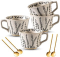 Ceramic Latte Mug Set of 4 with Gold Spoon, 11 Ounce Porcelain Cups for Latte, Hot Tea, Cappuccino, Mocha, Cocoa, Housewarming Wedding Present Gifts for Men Women Dishwasher Microwave Safe