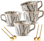 Ceramic Latte Mug Set of 4 with Gold Spoon, 11 Ounce Porcelain Cups for Latte, Hot Tea, Cappuccino, Mocha, Cocoa, Housewarming Wedding Present Gifts for Men Women Dishwasher Microwave Safe