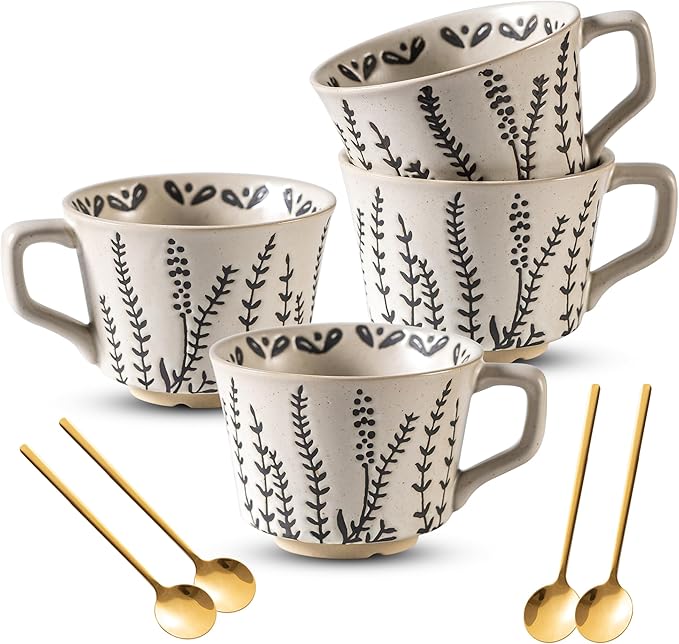 Ceramic Latte Mug Set of 4 with Gold Spoon, 11 Ounce Porcelain Cups for Latte, Hot Tea, Cappuccino, Mocha, Cocoa, Housewarming Wedding Present Gifts for Men Women Dishwasher Microwave Safe