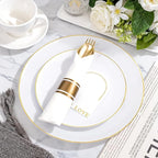 KIRE 175PCS Gold Plates Disposable - Heavy Duty White and Gold Plastic Plates Dinnerware Sets - 25 for Dinner 25 for Dessert 25 Pre Rolled Napkins and 25 Cups for Birthday/Ramadan/Wedding/Mother's Day
