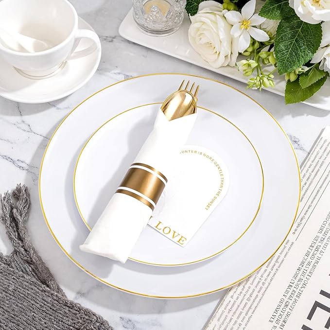 KIRE 175PCS Gold Plates Disposable - Heavy Duty White and Gold Plastic Plates Dinnerware Sets - 25 for Dinner 25 for Dessert 25 Pre Rolled Napkins and 25 Cups for Birthday/Ramadan/Wedding/Mother's Day