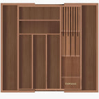 Bamboo-Silverware-Drawer-Organizer-Kitchen, Expandable Utensil Holder Cutlery Tray Flatware Organization Adjustable Wood Tableware Dividers Storage (with Removable Knife Block)(Brown)