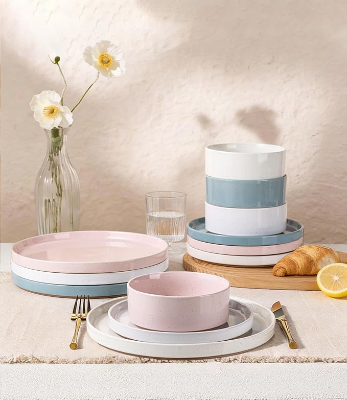 AmorArc Ceramic Dinnerware Set for 8 | Handpainted Stoneware Plates and Bowls with Rustic Terracotta Underside| Scratch Resistant,Dishwasher & Microwave Safe Dishes Sets- 24pcs Colorful