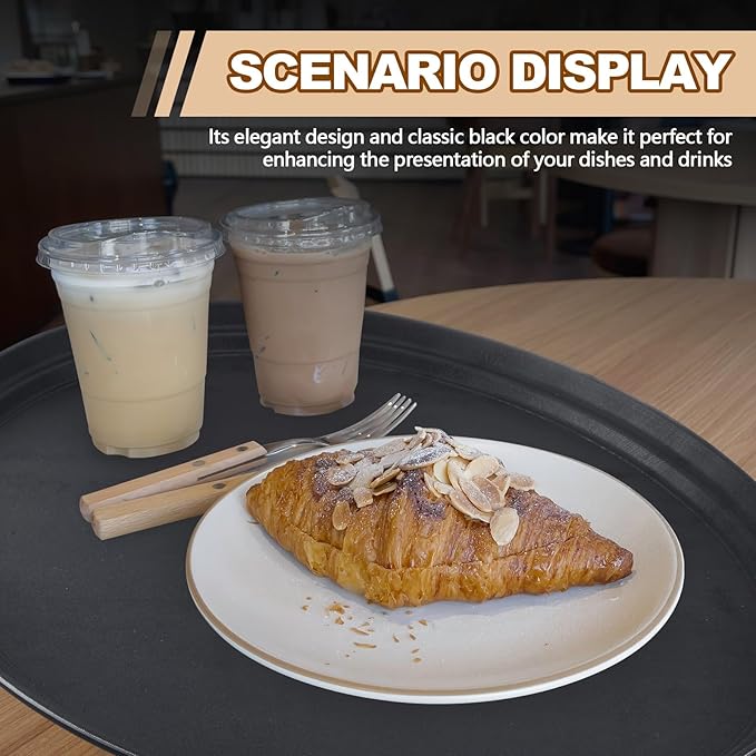 FillTouch 2 Pcs Restaurant Serving Trays PP Plastic Non Slip Rubber Lined Large Oval Tray for Kitchen Dining Room Cafeterias Fast Food Service (27 x 22 Inch,Black)