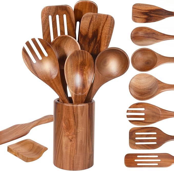 Wooden Spoons for Cooking, 10-Piece Teak Wooden Cooking Utensil Set with Holder, Nonstick, Heat Resistant Kitchen Utensils, Durable Wooden Cooking Spoons, Kitchen Cooking Gifts for Women Men