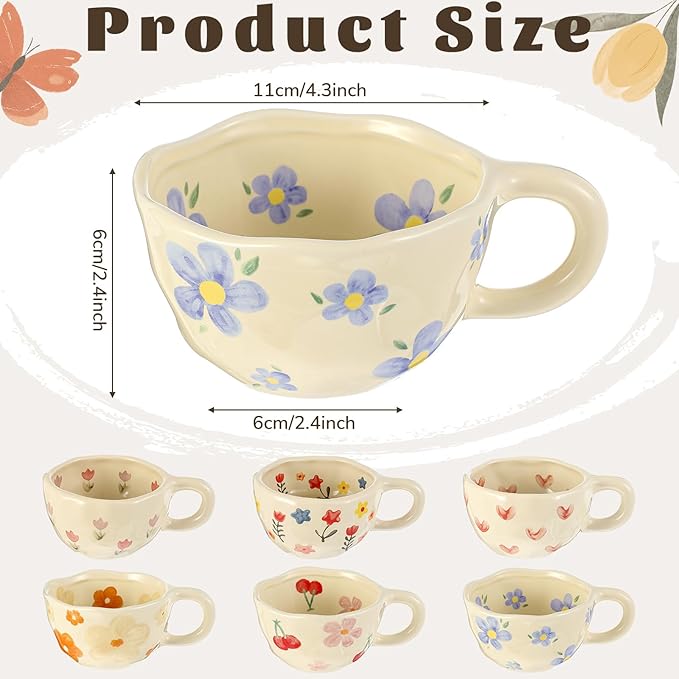 Maxdot 6 Pcs 12oz Ceramic Coffee Mugs Sets Glazing Process Cappuccino Mug Floral Ceramic Tea Cups Mother's Day Idea Gift for Women Mom Porcelain Cup for Coffee, Cocoa, Tea, Latte (Cute)