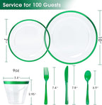N9R 600PCS Green Plastic Dinnerware Set, Disposable Plastic Plates Includes 100 Dinner Plates, Dessert Plate, Cups, Spoons, Forks, Knives for 100 Guests, Perfect for Party, Wedding, Birthday